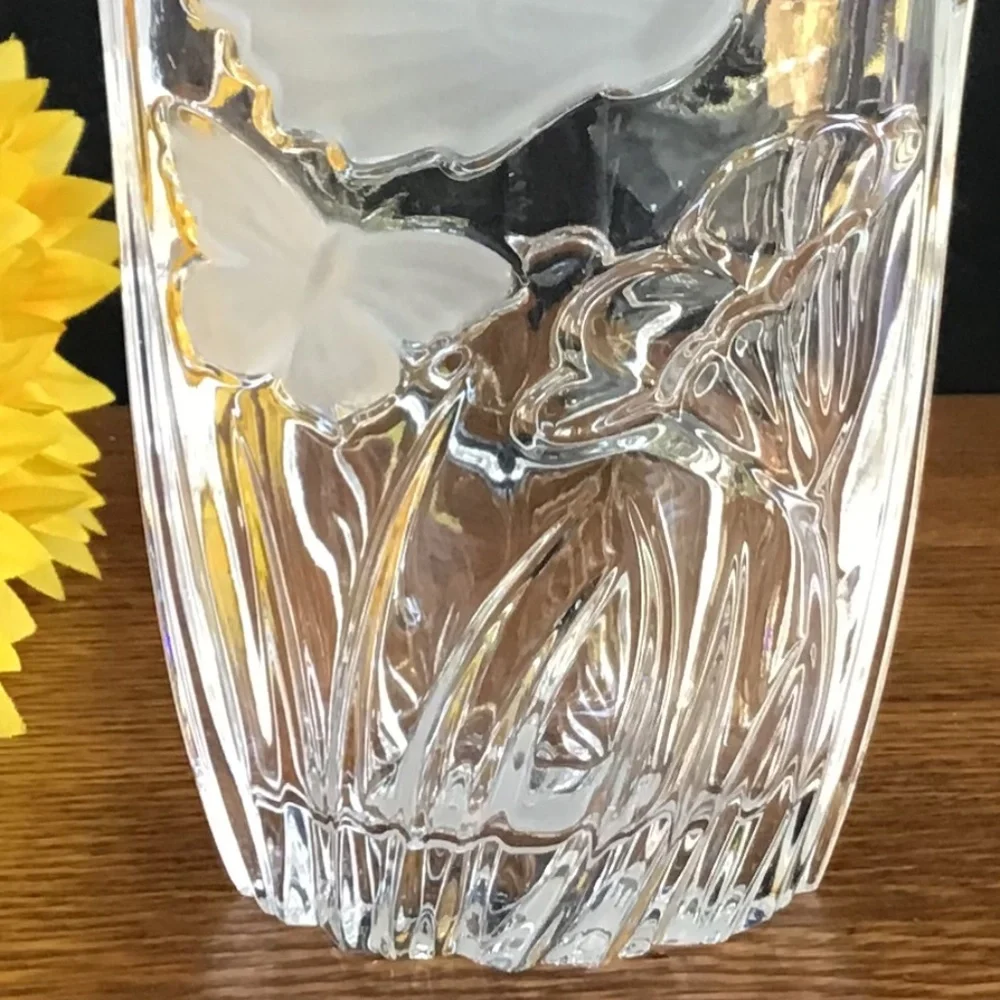 New Block Crystal Vase Butterfly Flowers Glass Hand Crafted Poland